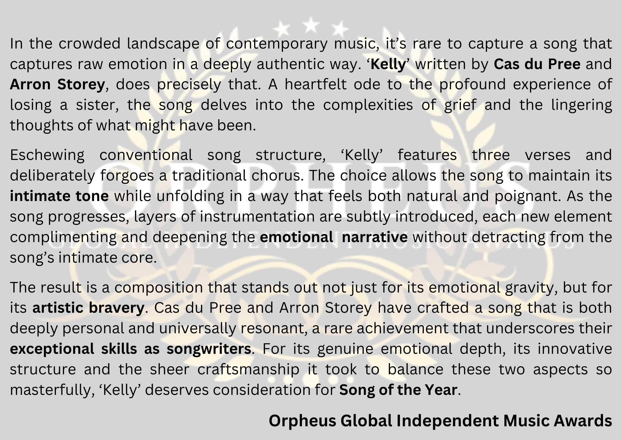 Orpheus Song of the Year Nominee - Kelly by Cas du Pree. Produced by Arron Storey
